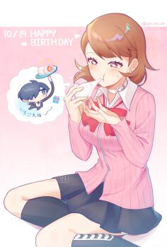 1boy 1girl absurdres black_skirt black_socks blush bow bowtie breasts brown_eyes brown_hair cardigan chibi chibi_inset choker closed_mouth commentary_request dated earrings eating flipped_hair food foot_out_of_frame gekkoukan_high_school_uniform hands_up happy_birthday heart heart_choker highres holding holding_food jewelry long_sleeves medium_breasts mochi persona persona_3 pink_cardigan pleated_skirt po_su_su puffy_cheeks red_bow red_bowtie ribbed_cardigan school_uniform short_hair sitting skirt socks solo_focus sparkling_eyes stud_earrings takeba_yukari translation_request twitter_username white_choker wing_collar yokozuwari yuuki_makoto_(persona_3)