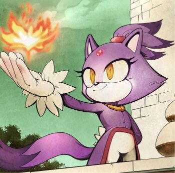 1girl adam_bryce_thomas animal_ears arm_behind_back blaze_the_cat brown_eyes building cat_ears cat_tail fire forehead_jewel furry furry_female gloves highres jacket outdoors pants purple_jacket solo sonic_(series) tail white_gloves white_pants