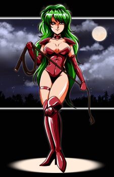 1girl boots breasts choker closed_mouth cloud elbow_gloves full_body full_moon gloves green_hair high_heel_boots high_heels highres holding holding_weapon holding_whip large_breasts leotard long_hair looking_at_viewer moon night night_sky red_boots red_choker red_gloves red_leotard rustea_sprincul rusty_(pc-98) sky solo standing star_(sky) starry_sky tedbob84 thigh_boots thigh_strap weapon whip