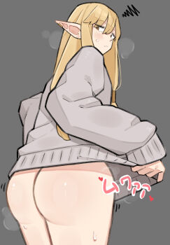 1girl absurdres ass blonde_hair blush brown_eyes commentary_request elf grey_background highres long_hair looking_at_viewer pointy_ears sattinittas serie_(sousou_no_frieren) simple_background solo sousou_no_frieren