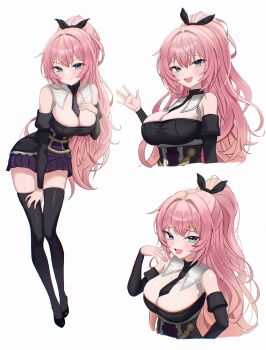 1girl :d absurdres bare_shoulders between_breasts black_necktie black_shoes black_sleeves black_thighhighs blue_eyes blush breasts closed_mouth cropped_torso detached_sleeves fang full_body hand_on_own_chest hand_up high_ponytail highres large_breasts light_smile long_hair looking_at_viewer multiple_views necktie necktie_between_breasts open_mouth original pink_hair ponytail purple_skirt shoes skirt smile solo thighhighs thighs zettai_ryouiki zzirit6