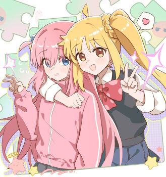 2girls :d absurdres ahoge black_skirt black_vest blonde_hair blue_eyes blush bocchi_the_rock! bow bowtie collared_shirt cube_hair_ornament gotoh_hitori hair_between_eyes hair_ornament hand_up heart highres ijichi_nijika jacket long_hair long_sleeves looking_at_viewer multiple_girls one_side_up open_mouth pink_hair pink_jacket pleated_skirt polka_dot polka_dot_bow polka_dot_bowtie red_bow red_bowtie school_uniform shimokitazawa_high_school_uniform shirt side_ponytail sidelocks skirt smile spoken_heart tianqiyubao_euc track_jacket upper_body v vest white_shirt