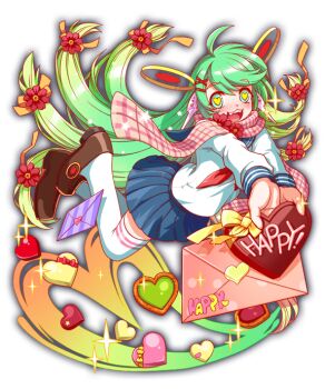 ahoge artist_request blue_sailor_collar blue_skirt blush bow box brown_shoes candy cel_shading character_name chocolate chocolate_heart colored_tips cookie crash_fever double_horizontal_stripe envelope fangs flower food full_body game_cg giving gradient_hair green_eyes green_hair hair_bow hair_flower hair_ornament hair_ribbon hairclip happy happy_(crash_fever) heart heart-shaped_box heart-shaped_cookie heart-shaped_food heart_in_eye heart_print holding holding_chocolate holding_food horizontal-striped_thighhighs legs_up loafers long_hair long_sleeves multicolored_hair neckerchief official_art orange_bow orange_ribbon outline pink_scarf pleated_skirt polka_dot red_bow red_flower red_neckerchief red_outline ribbon sailor_collar scarf school_uniform serafuku shoes simple_background skirt sleeve_cuffs solo sparkle star_(symbol) striped_clothes striped_collar striped_thighhighs symbol_in_eye tachi-e text_print thighhighs transparent_background valentine very_long_hair white_serafuku white_sleeves white_thighhighs x_hair_ornament