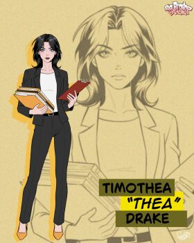 batman_(series) black_hair black_jacket black_suit blue_eyes breasts dc_comics formal_clothes genderswap genderswap_(mtf) highres jacket long_sleeves medium_hair office_lady open_clothes open_jacket pant_suit pants shirt suit sydney_lee_00 tim_drake