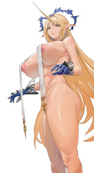 1girl absurdres armored_gloves armpit_crease armpits blonde_hair blue_hair breast_curtains breasts colored_inner_hair covered_erect_nipples crown_of_thorns fleurdelys_(wuthering_waves) from_side green_eyes highres horns huge_breasts kirirei_228 large_areolae long_hair long_horns looking_at_viewer multicolored_hair no_panties nude pointy_ears simple_background single_horn solo standing thighs veins veiny_breasts very_long_hair white_background wuthering_waves yellow_horns