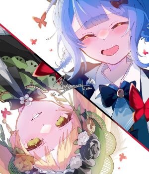 2girls ^_^ black_flower black_rose blonde_hair blue_hair blue_necktie blunt_bangs bonnet braid braided_hair_rings bug butterfly closed_eyes commentary_request detective flower green_eyes hair_rings highres ichimura-kun insect lolita_fashion magical_girl mahou_shoujo_no_majo_saiban multiple_girls necktie open_mouth red_butterfly rose sad_smile short_hair signature smile split_screen tachibana_sherry tearing_up tears tono_hanna upper_body upside-down white_background white_flower white_rose yellow_flower yellow_rose