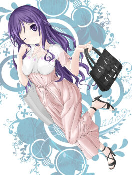 1girl bag dress gochuumon_wa_usagi_desu_ka? high_heel_sandals high_heels highres holding holding_bag long_hair pink_dress purple_eyes purple_hair sandals tedeza_rize touke