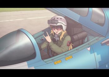 1girl \m/ absurdres aircraft airplane black_border blonde_hair blue_eyes border canopy_(aircraft) cockpit commentary commission day english_commentary fang fighter_jet flight_suit grass green_jacket hair_between_eyes hand_up helmet highres jacket letterboxed load_bearing_vest localspaghetto long_hair long_sleeves military_vehicle open_mouth original outdoors oxygen_mask pilot pilot_helmet runway sidelocks signature sitting solo su-27 tongue tongue_out unit_patch