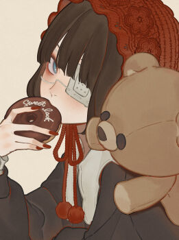 1girl absurdres black_dress black_hair blue_eyes commentary_request donut dress eating eyepatch eyeshadow food headscarf highres looking_at_viewer makeup original red_eyeshadow red_nails short_hair solo stuffed_animal stuffed_toy teddy_bear upper_body zudxpnz