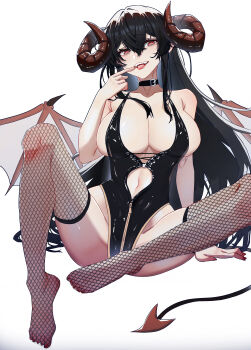 Rule 34 | 1girl, absurdres, belt, belt collar, black belt, black hair, black leotard, black thighhighs, breasts, brown horns, chinese commentary, cleavage, clothing cutout, collar, commentary, curled horns, demon girl, demon horns, demon tail, finger to mouth, fishnet thighhighs, fishnets, hair between eyes, highleg, highleg leotard, highres, horns, kongbai huanxiang, large breasts, leotard, long hair, looking at viewer, navel, open mouth, original, red eyes, saliva, sidelocks, simple background, smile, solo, stomach cutout, tail, teeth, thighhighs, tongue, tongue out, upper teeth only, very long hair, white background