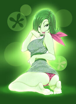 1girl ass barefoot colored_skin disgust_(inside_out) disney finger_to_mouth green_eyes green_hair green_skin highres inside_out kneeling looking_at_viewer looking_back naughty_face nisego panties scarf toes tongue tongue_out underwear