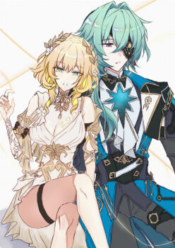 1boy 1girl aglaea_(honkai:_star_rail) anaxa_(honkai:_star_rail) ancient_greek_clothes black_jacket black_pants blonde_hair blue_coat blue_eyes breasts cleavage coat cropped_jacket dress eyepatch greco-roman_clothes green_eyes green_hair head_wreath honkai:_star_rail honkai_(series) jacket kamosikadesuyo large_breasts leaning_on_person long_hair medium_hair open_clothes open_coat open_jacket pants parted_lips sleeveless sleeveless_dress thigh_strap white_dress