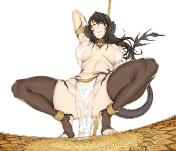 1girl au_ra black_hair breasts brown_eyes commentary commission english_commentary final_fantasy final_fantasy_xiv highres horns large_breasts looking_at_viewer makudonarudo nipples sapphira_nyx see-through_clothes solo spread_legs tail thighhighs warrior_of_light_(ff14)