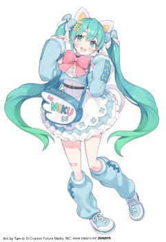 1girl :d absurdres animal_ears bag bandaid bandaid_on_leg blue_dress blue_shoes blue_socks blush bow bowtie cat_ears character_name commentary_request copyright_notice double-parted_bangs dress frilled_dress frills full_body green_eyes green_hair hair_between_eyes hands_up hatsune_miku highres long_hair long_sleeves looking_at_viewer official_art open_mouth red_bow red_bowtie shoes simple_background smile sneakers socks solo standing tam-u twintails very_long_hair vocaloid white_background