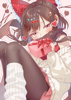 Rule 34 | 1girl, absurdres, alternate costume, blush, bow, box, box of chocolates, brown eyes, brown hair, brown pantyhose, brown scarf, cardigan, commentary request, frilled bow, frills, hair bow, hair ornament, hakurei reimu, heart, heart-shaped box, heart hair ornament, highres, holding, holding box, leg warmers, long hair, looking at viewer, outline, pantyhose, pink background, pink skirt, red bow, scarf, skirt, solo, teruteru (teru teru), touhou, valentine, white cardigan, white leg warmers, white outline