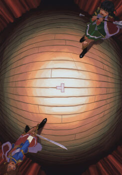 2girls absurdres aijou_karen black_boots black_hair blue_jacket blunt_bangs boots closed_eyes commentary curtains fisheye from_above green_skirt highres holding holding_mace holding_sword holding_weapon jacket knee_boots long_sleeves looking_at_another m000oomin mace multiple_girls open_mouth saber_(weapon) shoujo_kageki_revue_starlight skirt smile stage standing sword symbol-only_commentary tsuyuzaki_mahiru two_side_up weapon wide_shot wooden_floor