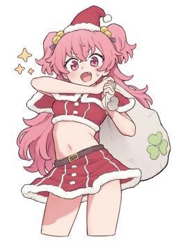 1girl alternate_costume belt belt_buckle blush buckle capelet christmas clover_print commentary_request crop_top dress fang fur-trimmed_capelet fur-trimmed_dress fur-trimmed_headwear fur_trim hat highres holding holding_sack long_hair looking_at_viewer miniskirt momoi_airi navel nekoko_pjsk open_mouth pink_eyes pink_hair project_sekai red_capelet ribbon sack santa_costume santa_hat skirt smile solo star_(symbol) sweatdrop two_side_up white_background