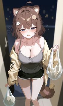 1girl ahoge animal_ears bare_shoulders black_shorts blue_eyes blurry blush bokeh breasts brown_hair camisole cleavage collarbone commentary_request commission depth_of_field dolphin_shorts door fang grey_shirt hair_ornament hairclip highres holding iyusei_02 jacket large_breasts long_hair long_sleeves looking_at_viewer mole mole_on_breast off_shoulder open_clothes open_jacket open_mouth original shirt short_shorts shorts sleeveless sleeveless_shirt smile solo standing strap_slip tail thighs yellow_jacket