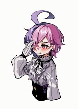1girl ahoge frills gloves hair_over_one_eye highres honkai_(series) honkai_gakuen long_sleeves looking_at_viewer multicolored_hair open_mouth purple_eyes sharp_teeth shirt short_hair simple_background sin_mal sin_mal0909 teeth two-tone_hair white_background white_gloves white_shirt