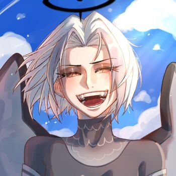 1girl :d angel_wings black_shirt blue_sky closed_eyes cloud day facing_viewer fangs guman halo hazbin_hotel hellaverse lute_(hazbin_hotel) open_mouth outdoors shirt short_hair sky smile solo teeth white_hair wings