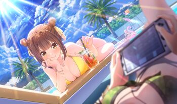 4girls aisaka_koko akino_komugi beach_chair bikini black_hair blonde_hair blurry bow breasts brown_eyes brown_hair chair cinderella_series cleavage closed_mouth cloud controller cumulonimbus_cloud day depth_of_field double_bun drinking_straw dutch_angle flamingo_raft game_cg game_controller green_bikini hachigatsu_no_cinderella_nine hair_bow hair_bun halterneck hand_on_own_cheek hand_on_own_face highres holding holding_controller holding_drinking_straw holding_game_controller jewelry joujima_momo kusakari_runa light_rays looking_at_viewer lying medium_hair mountain multiple_girls necklace non-web_source official_art on_chair on_stomach outdoors palm_tree poolside pov pov_breasts sky smile string_bikini sunbeam sunlight swimsuit tree yellow_bikini yellow_bow