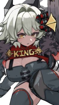 1girl black_gloves black_thighhighs blush breasts caesar_king_(zenless_zone_zero) cleavage dondobi fur_trim gloves green_hair hair_between_eyes hair_intakes hair_ornament highres horns jacket large_breasts long_hair mechanical_hands prosthesis prosthetic_hand single_mechanical_hand solo thighhighs yellow_eyes zenless_zone_zero zettai_ryouiki