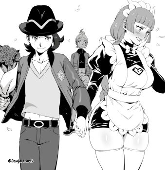 1boy 2girls apron artist_name belt black_hair black_hat blush bow bowtie braid braided_ponytail breasts cheating_(relationship) clenched_teeth collarbone cropped_shirt gradient_hair hair_bun hat jacket jamjamstyle juliet_sleeves lebanne_(pokemon) long_braid long_hair long_sleeves maid maid_apron maid_headdress medium_breasts midriff monochrome multicolored_hair multiple_girls nintendo open_clothes open_jacket paxton_(pokemon) pokemon pokemon_legends:_z-a puffy_sleeves ribbed_shirt romper shirt shorts smile striped_hat taunie_(pokemon) teeth thighhighs turtleneck turtleneck_shirt white_bow white_bowtie white_shorts