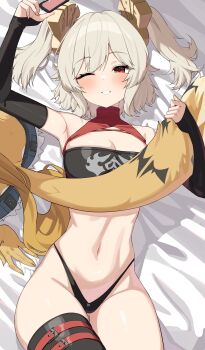 2girls absurdres armpits black_panties black_thighhighs blonde_hair blush breasts burnice_white cleavage commentary furry furry_female hair_ornament highres holding holding_removed_eyewear looking_at_viewer medium_breasts multiple_girls navel panties pulchra_fellini red_eyes short_hair single_thighhigh smile stomach sunglasses thighhighs twintails underwear unworn_eyewear w.k zenless_zone_zero