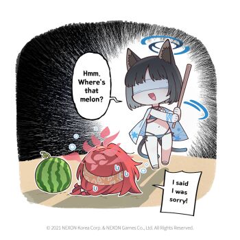 2girls animal_ear_fluff animal_ears bikini black_choker black_hair blindfold blue_archive blue_bikini blunt_ends cat_ears cat_tail chibi choker commentary covered_eyes donmin_h english_commentary english_text flying_sweatdrops food fruit halo holding kikyou_(blue_archive) kikyou_(swimsuit)_(blue_archive) medium_hair motion_lines multiple_girls multiple_tails navel nervous_sweating no_nose official_art open_mouth red_halo renge_(blue_archive) sand sandals side-tie_bikini_bottom smile standing standing_on_one_leg sweat swimsuit tail watermelon