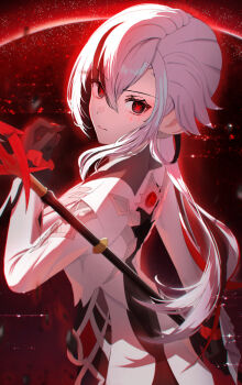 arlecchino_(genshin_impact) black_eyes black_hands colored_extremities genshin_impact gradient_skin highres multicolored_hair red_pupils rerute_(lerte_6) streaked_hair symbol-shaped_pupils white_hair x-shaped_pupils