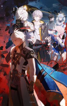 1girl 4boys absurdres antenna_hair armor artist_name astral_express_(honkai:_star_rail) belt black_belt black_choker black_coat black_gloves black_hair black_pants black_shirt blue_cape blue_eyes blue_hair blue_jacket blue_skirt blush breasts brown_eyes caelus_(honkai:_star_rail) camera cape chinese_clothes choker closed_eyes closed_mouth coat collarbone collared_shirt commentary constellation_print cowboy_shot dan_heng_(honkai:_star_rail) dan_heng_(hunt)_(honkai:_star_rail) earrings english_commentary feathered_wings fingerless_gloves from_behind glitch gloves gold_earrings gold_trim grey_hair hair_between_eyes halo halo_behind_head hands_up head_wings highres holding holding_camera honkai:_star_rail honkai_(series) hood hooded_coat jacket jewelry lapels long_sleeves looking_to_the_side march_7th_(honkai:_star_rail) march_7th_(preservation)_(honkai:_star_rail) medium_breasts moonya multicolored_jacket multiple_boys open_clothes open_coat open_jacket orange_cape pants partially_fingerless_gloves phainon_(honkai:_star_rail) pink_hair pleated_skirt puffy_long_sleeves puffy_sleeves purple_shirt scarf shirt short_hair shoulder_armor sidelocks single_earring single_glove skirt smile standing sun_symbol sunday_(honkai:_star_rail) t-shirt taking_picture tassel teeth thigh_strap tied_jacket tongue tongue_out trailblazer_(honkai:_star_rail) train two-sided_cape two-sided_coat two-sided_fabric two-tone_jacket white_coat white_hair white_jacket white_scarf white_shirt wings yellow_coat