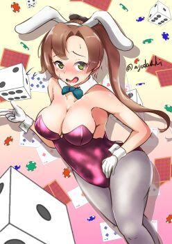 1girl absurdres agodashi akigumo_(kancolle) animal_ears blush breasts brown_hair cleavage dice fake_animal_ears green_eyes grey_pantyhose hair_ribbon highres kantai_collection leotard long_hair looking_at_viewer medium_breasts open_mouth pantyhose pink_leotard playboy_bunny poker poker_chip ponytail rabbit_ears ribbon solo strapless strapless_leotard