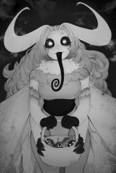 1girl antennae arthropod_girl artist_name bad_id bad_tumblr_id basket black_tongue bug commentary curly_hair english_commentary extra_arms female_focus fur_collar greyscale halloween highres insect insect_girl long_hair long_tongue looking_at_viewer matilda_fiship monochrome monster_girl moth moth_girl mother_lumi_(matilda_fiship) original smile solo tongue