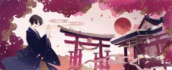 1boy architecture axis_powers_hetalia black_hair black_haori blue_kimono brown_eyes brown_pants bush closed_mouth cloud commentary_request cowboy_shot day east_asian_architecture flower hands_up haori japan_(hetalia) japanese_clothes kimono long_sleeves looking_to_the_side lucianovagus male_focus open_clothes outdoors palms_together pants purple_flower red_sun rope round_window short_hair shrine sky smile snow solo standing torii tree white_sky wide_sleeves window