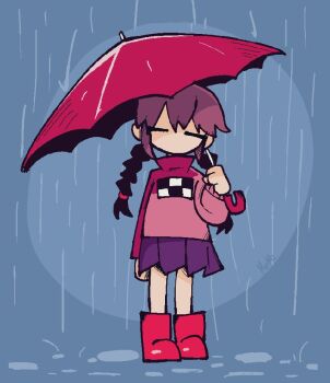 1girl braid brown_hair closed_eyes full_body holding holding_umbrella long_hair long_sleeves madotsuki memi oil-paper_umbrella pink_shirt purple_skirt rain raincoat red_umbrella shared_umbrella shirt skirt solo standing sweater twin_braids umbrella yume_nikki