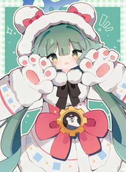 Rule 34 | 1girl, absurdres, animal hood, bear hood, blue archive, blue halo, blush, coat, coat dress, dress, fur-trimmed coat, fur-trimmed hood, fur trim, gloves, green eyes, green hair, halo, highres, hood, hood up, hooded coat, long hair, looking at viewer, momiji (blue archive), open mouth, prefect team (blue archive), simple background, solo, vonvondx, white gloves