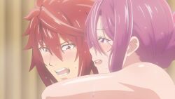 1boy 1girl akagami_akemitsu animated anime_screenshot breast_press breasts convenient_censoring hetero highres kiki_(temple) large_breasts nude purple_eyes purple_hair red_eyes red_hair sideboob soap_bubbles soap_censor temple_(series) video