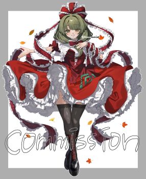 1girl artist_name autumn_leaves black_boots black_thighhighs boots border bow commentary_request commission dress frilled_bow frilled_dress frilled_ribbon frills full_body green_eyes green_hair grey_border hair_bow highres kagiyama_hina knee_boots lace-up_boots leaf looking_at_viewer marimo_tarou outside_border red_bow red_dress ribbon simple_background skeb_commission solo thighhighs touhou white_background
