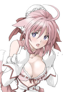 1girl ahoge animal_ear_fluff animal_ears blush bow bra breasts breasts_squeezed_together cleavage commentary_request dog_days dog_ears dog_girl elbow_gloves elf_(stroll_in_the_woods) flying_sweatdrops gloves hair_bow hands_up large_breasts millhiore_f._biscotti open_mouth partially_undressed pink_bra pink_hair purple_eyes simple_background solo textless_version underwear upper_body white_background white_bow white_gloves