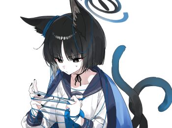 1girl animal_ears black_eyes black_hair black_sailor_collar blue_archive blue_neckerchief blush bright_pupils cat_ears cat_girl cat_tail choker dandandanholo fox_girl kikyou_(blue_archive) multiple_tails neck_ribbon neckerchief ribbon ribbon_choker sailor_collar school_uniform serafuku shirt short_hair simple_background solo tail two_tails white_background white_pupils