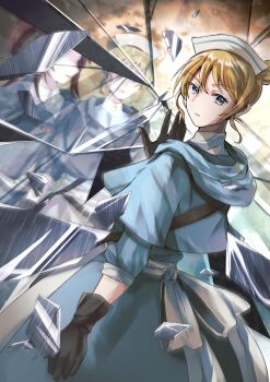 2girls apron blonde_hair blue_capelet blue_dress blue_eyes bow broken_glass brown_gloves capelet castti_florenz character_request colored_eyelashes commentary_request dress dual_persona glass gloves grey_background hair_bun hat highres looking_at_viewer looking_back multiple_girls musui_(user_khpx4855) nurse_cap octopath_traveler octopath_traveler_ii single_hair_bun solo_focus white_apron white_bow