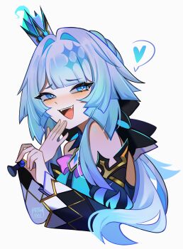 1girl absurdres artist_name black_bow black_sleeves blue_dress blue_eyes blue_fire blue_pupils blunt_bangs bow bowtie braid cerydra_(honkai:_star_rail) chess_piece collared_dress commentary crown detached_sleeves diamond-shaped_pupils diamond_(shape) dress english_commentary eyelashes fangs fire gold_trim hair_bow hands_up heart highres holding holding_chess_piece honkai:_star_rail honkai_(series) juliet_sleeves large_bow long_hair long_sleeves looking_ahead low_ponytail mini_crown mizah_(mizah) open_mouth pink_bow pink_bowtie pointed_crown ponytail puffy_sleeves sidelocks simple_background single_braid sleeveless sleeveless_dress smile solo speech_bubble spoken_heart symbol-shaped_pupils teeth tongue upper_body wavy_hair white_background wide_sleeves