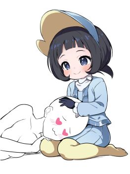 2girls :3 age_difference black_gloves black_hair blue_eyes blue_skirt blush bonnet breasts collarbone faceless faceless_female gloves hand_on_another&#039;s_head heart heart-shaped_eyes highres lap_pillow multiple_girls nekono_rin nintendo onee-loli pantyhose pokemon pokemon_sv poppy_(pokemon) simple_background sitting skirt smile wariza webp-to-png_conversion white_background yellow_pantyhose yuri