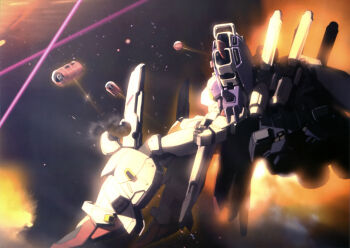 artist_request battle beam_cannon cable energy_beam gundam gundam_sentinel highres incom_(gundam) machinery mecha mecha_focus mobile_suit no_humans realistic robot s_gundam science_fiction space star_(sky) thrusters zero_gravity