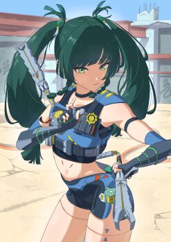 Rule 34 | 1girl, absurdres, android, black gloves, blue sky, braid, braided sidelocks, closed mouth, commentary, day, dynamic pose, fingerless gloves, floor, gloves, green eyes, green hair, hair ornament, highres, holding, holding weapon, joints, long hair, looking at viewer, navel, outdoors, police, police badge, police uniform, policewoman, qingyi (zenless zone zero), robot, robot girl, robot joints, shorts, side braids, sidelocks, sky, solo, standing, thighs, tora (kumo sakamoto), twintails, untranslatable commentary, weapon, zenless zone zero