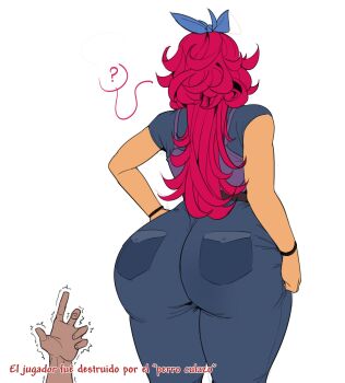 1girl 1other ? ass blue_bow blue_pants bow bracelet commentary from_behind hair_bow hand_on_own_hip highres huge_ass jewelry long_hair pants red_hair short_sleeves simple_background spanish_text stylist_(terraria) sungerart symbol-only_commentary terraria translation_request white_background