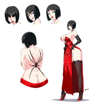 1girl ass back_tattoo bare_arms bare_back bare_shoulders black_hair blue_eyes bob_cut breasts butt_crack reference_sheet choker cleavage curvy devil-v dimples_of_venus dress female_focus full_body high_heels highres huge_ass large_breasts legs lipstick makeup mole nail_polish original red_dress red_heels short_hair solo tatto tattoo thick_thighs thighhighs thighs wide_hips