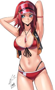 1girl arm_behind_head armpits artist_name bikini blue_eyes breasts cleavage code_geass commentary_request dated highres jacket jewelry kouzuki_kallen large_breasts looking_at_viewer multicolored_jacket navel necklace red_bikini red_hair short_hair simple_background solo stomach swimsuit two-tone_jacket visor_cap white_background yoo_tenchi