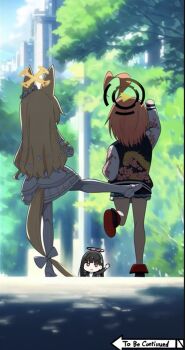 3girls ahoge animal_ears arm_up black_hair black_skirt blonde_hair blue_archive blunt_bangs bow chisato_and_takina_kicking_each_other's_butt_(meme) dress ear_ornament flower fox_ears fox_tail from_behind hair_flower hair_ornament halo high_heels huge_ahoge jacket kicking long_hair meme multiple_girls neru_(blue_archive) orange_hair outdoors pantyhose ponconyan red_eyes red_shoes rio_(blue_archive) seia_(blue_archive) shoes short_hair skirt standing standing_on_own_leg sukajan tail tail_bow tail_ornament to_be_continued waving white_bow white_dress white_pantyhose white_shoes