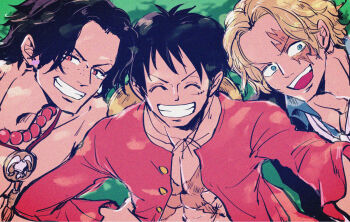 Rule 34 | abunaideka, adam's apple, bead necklace, beads, black hair, blonde hair, blue eyes, commentary request, freckles, happy, hat on back, highres, jewelry, long sleeves, male focus, monkey d. luffy, necklace, one piece, open mouth, portgas d. ace, red eyes, red shirt, sabo (one piece), scar, scar on chest, scar on face, shirt, short hair